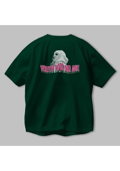 Youth Has No Age Arka Baskılı Zümrüt Yeşili Oversize T-Shirt Erkek Kadın Bisiklet Yaka modelleri