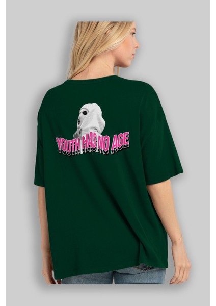 Youth Has No Age Arka Baskılı Zümrüt Yeşili Oversize T-Shirt Erkek Kadın Bisiklet Yaka fırsatları