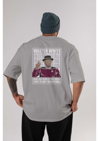 Captain Pixard Arka Baskılı Gri Oversize T-Shirt Unisex Erkek Kadın Bisiklet Yaka