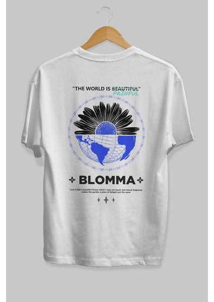 Blomma Arka Baskılı Beyaz Oversize T-Shirt Erkek Kadın Bisiklet Yaka indirimleri