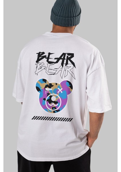 Bear Bear Arka Baskılı Beyaz Oversize T-Shirt Erkek Kadın Bisiklet Yaka