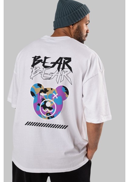 Bear Bear Arka Baskılı Beyaz Oversize T-Shirt Erkek Kadın Bisiklet Yaka modelleri