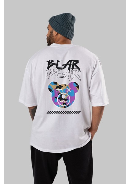Bear Bear Arka Baskılı Beyaz Oversize T-Shirt Erkek Kadın Bisiklet Yaka fırsatları