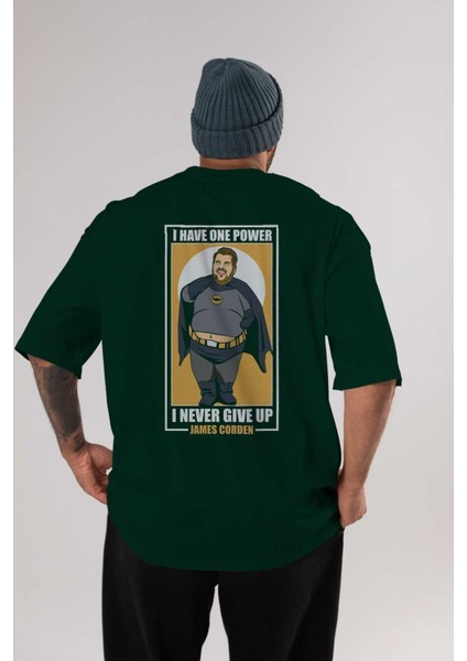 James Corden Batman Arka Baskılı Zümrüt Yeşili Oversize T-Shirt Unisex Erkek Kadın Bisiklet Yaka
