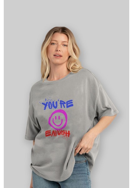 You Are Enough Yazılı Ön Baskılı Gri Oversize T-Shirt Unisex Erkek Kadın Bisiklet Yaka fırsatları