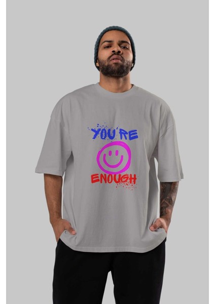 You Are Enough Yazılı Ön Baskılı Gri Oversize T-Shirt Unisex Erkek Kadın Bisiklet Yaka indirimleri