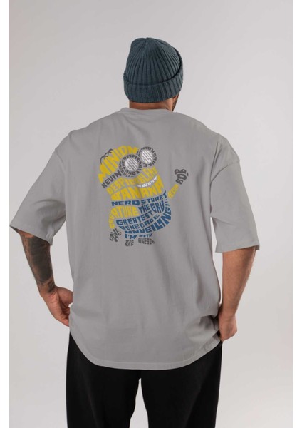 Minion Arka Baskılı Gri Oversize T-Shirt Unisex Erkek Kadın Bisiklet Yaka