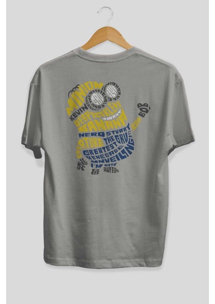 Minion Arka Baskılı Gri Oversize T-Shirt Unisex Erkek Kadın Bisiklet Yaka fiyatları