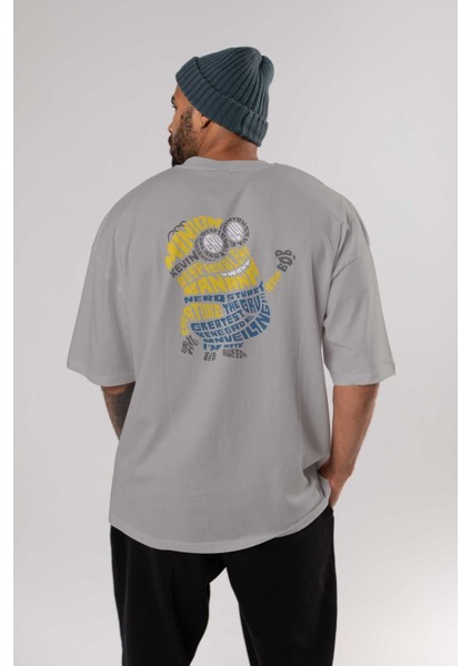 Minion Arka Baskılı Gri Oversize T-Shirt Unisex Erkek Kadın Bisiklet Yaka fırsatları