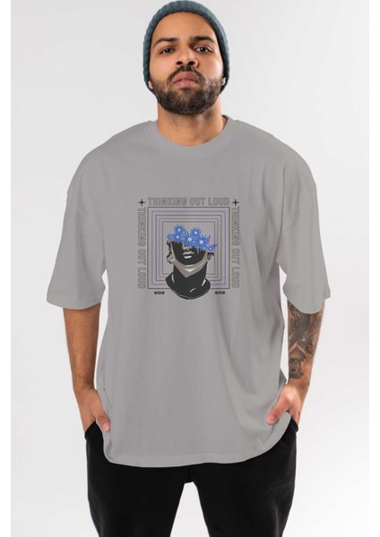 Thinking Out Loud Ön Baskılı Gri Oversize T-Shirt Unisex Erkek Kadın Bisiklet Yaka