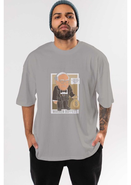 Warren Buffet Up Carl Ön Baskılı Gri Oversize T-Shirt Unisex Erkek Kadın Bisiklet Yaka
