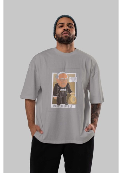 Warren Buffet Up Carl Ön Baskılı Gri Oversize T-Shirt Unisex Erkek Kadın Bisiklet Yaka