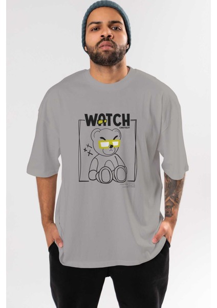 Watch Carefully Bear Ön Baskılı Gri Oversize T-Shirt Unisex Erkek Kadın Bisiklet Yaka
