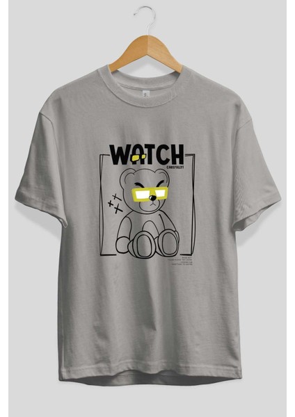 Watch Carefully Bear Ön Baskılı Gri Oversize T-Shirt Unisex Erkek Kadın Bisiklet Yaka fiyatları