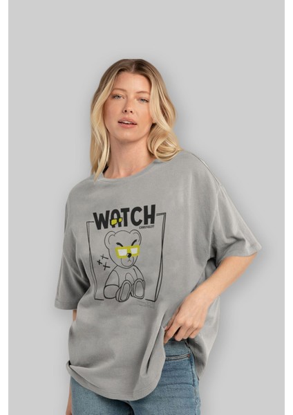 Watch Carefully Bear Ön Baskılı Gri Oversize T-Shirt Unisex Erkek Kadın Bisiklet Yaka fırsatları