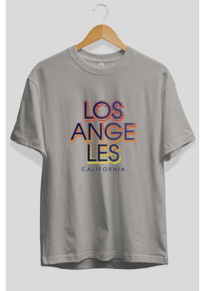 Los Angeles California Ön Baskılı Gri Oversize T-Shirt Unisex Erkek Kadın Bisiklet Yaka fiyatları