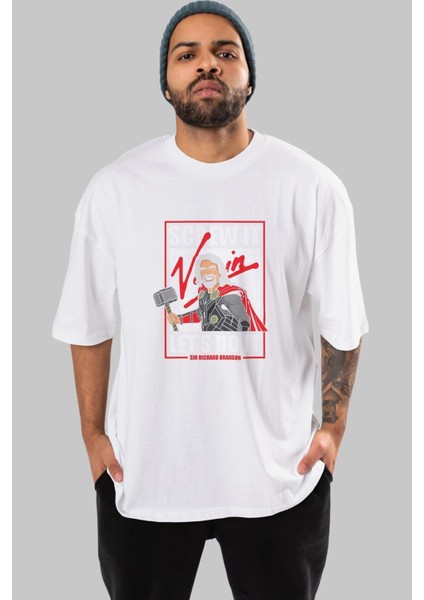 Richard Bronson Thor Ön Baskılı Beyaz Oversize T-Shirt Erkek Kadın Bisiklet Yaka