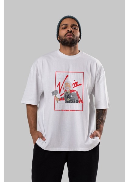 Richard Bronson Thor Ön Baskılı Beyaz Oversize T-Shirt Erkek Kadın Bisiklet Yaka indirimleri