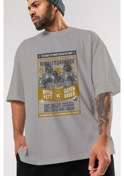 Rumble In The Darkside Ön Baskılı Gri Oversize T-Shirt Unisex Erkek Kadın Bisiklet Yaka modelleri