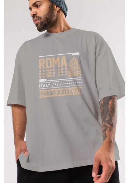 Roma Ön Baskılı Gri Oversize T-Shirt Unisex Erkek Kadın Bisiklet Yaka modelleri