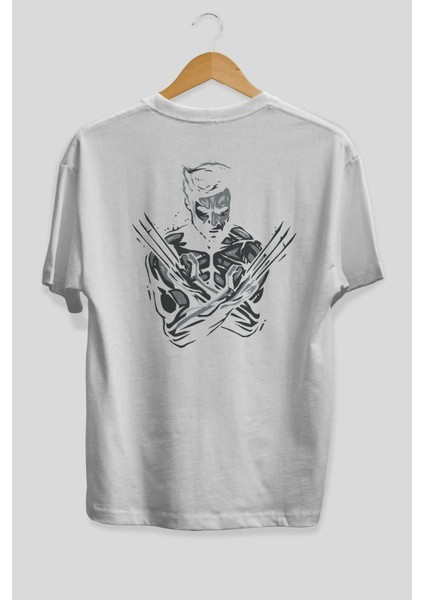 Wolverine Arka Baskılı Beyaz Oversize T-Shirt Bisiklet Yaka Pamuk Erkek Kadın
