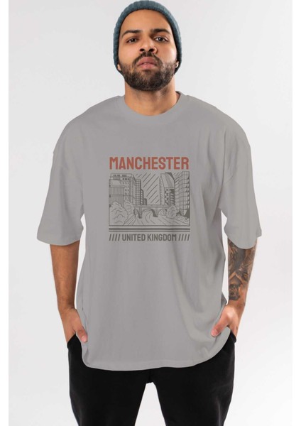 Manchester Ön Baskılı Gri Oversize T-Shirt Unisex Erkek Kadın Bisiklet Yaka
