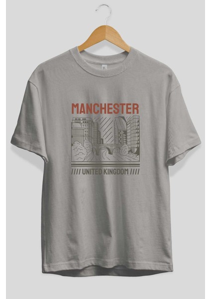 Manchester Ön Baskılı Gri Oversize T-Shirt Unisex Erkek Kadın Bisiklet Yaka fiyatları
