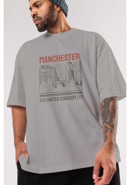 Manchester Ön Baskılı Gri Oversize T-Shirt Unisex Erkek Kadın Bisiklet Yaka modelleri