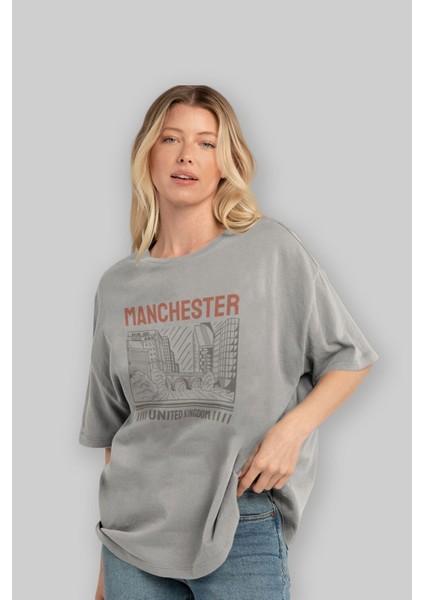 Manchester Ön Baskılı Gri Oversize T-Shirt Unisex Erkek Kadın Bisiklet Yaka fırsatları