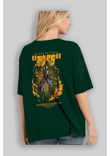 Revolusioner Sabo Anime Arka Baskılı Zümrüt Yeşili Oversize T-Shirt Pamuk Erkek Kadın fırsatları