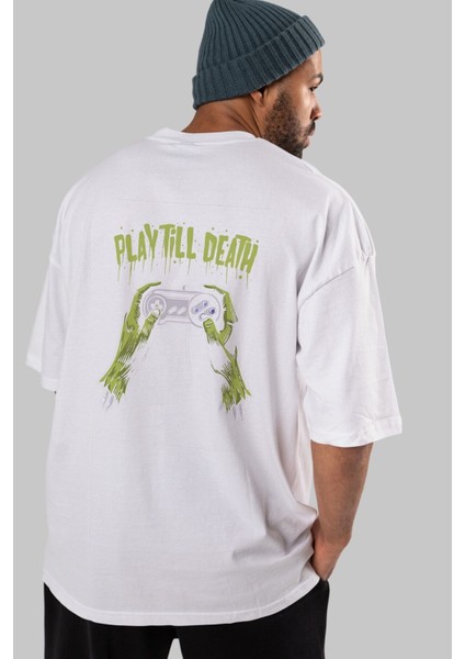 Play Till Death Arka Baskılı Beyaz Oversize T-Shirt Erkek Kadın Bisiklet Yaka