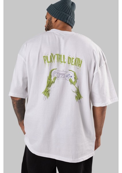 Play Till Death Arka Baskılı Beyaz Oversize T-Shirt Erkek Kadın Bisiklet Yaka fiyatları