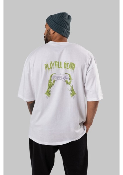 Play Till Death Arka Baskılı Beyaz Oversize T-Shirt Erkek Kadın Bisiklet Yaka modelleri