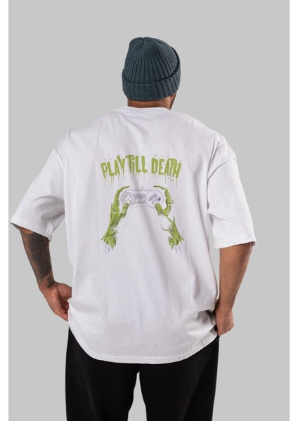 Play Till Death Arka Baskılı Beyaz Oversize T-Shirt Erkek Kadın Bisiklet Yaka fırsatları