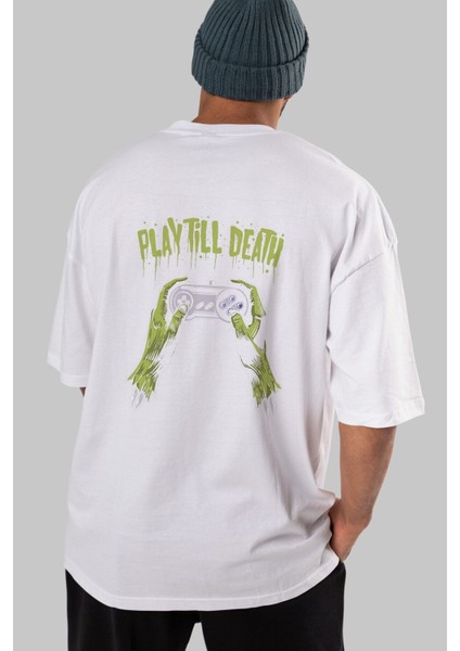 Play Till Death Arka Baskılı Beyaz Oversize T-Shirt Erkek Kadın Bisiklet Yaka indirimleri