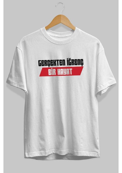 Gerçekte Iğrenç Bir Hayat2 Ön Baskılı Beyaz Oversize T-Shirt Erkek Kadın Bisiklet Yaka fiyatları