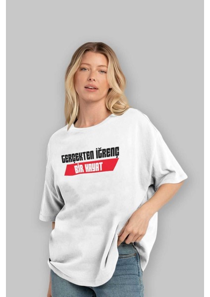 Gerçekte Iğrenç Bir Hayat2 Ön Baskılı Beyaz Oversize T-Shirt Erkek Kadın Bisiklet Yaka fırsatları