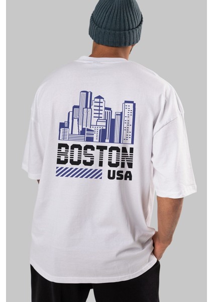 Boston Arka Baskılı Beyaz Oversize T-Shirt Erkek Kadın Bisiklet Yaka