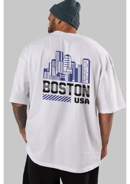 Boston Arka Baskılı Beyaz Oversize T-Shirt Erkek Kadın Bisiklet Yaka fiyatları