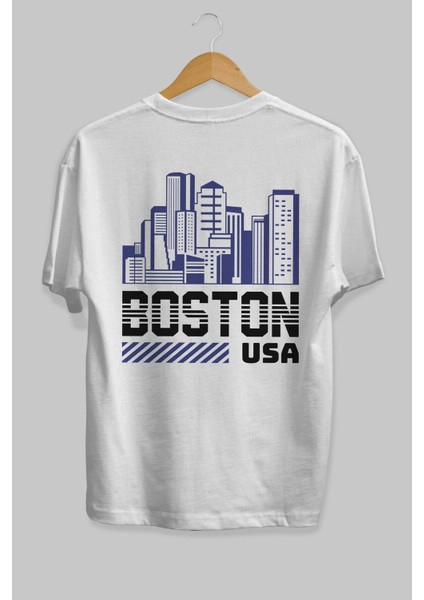 Boston Arka Baskılı Beyaz Oversize T-Shirt Erkek Kadın Bisiklet Yaka modelleri