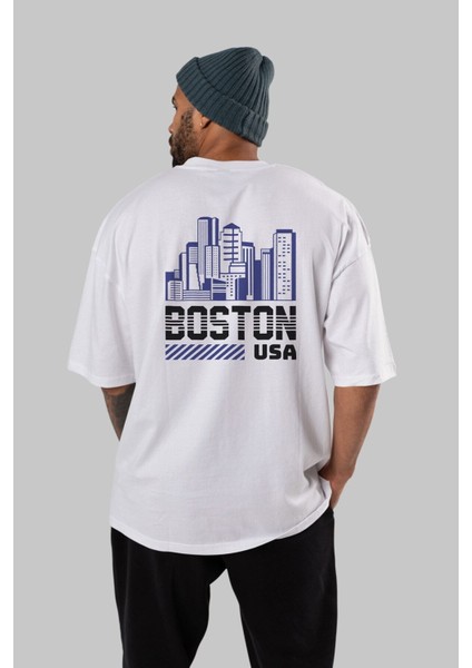 Boston Arka Baskılı Beyaz Oversize T-Shirt Erkek Kadın Bisiklet Yaka fırsatları