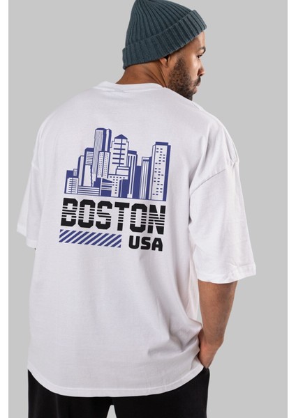 Boston Arka Baskılı Beyaz Oversize T-Shirt Erkek Kadın Bisiklet Yaka indirimleri
