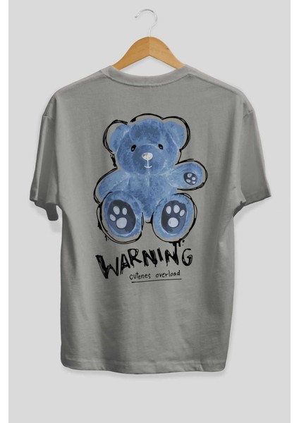 Warning Cuteness Bear Arka Baskılı Gri Oversize T-Shirt Unisex Erkek Kadın Bisiklet Yaka fiyatları