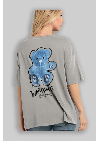 Warning Cuteness Bear Arka Baskılı Gri Oversize T-Shirt Unisex Erkek Kadın Bisiklet Yaka modelleri