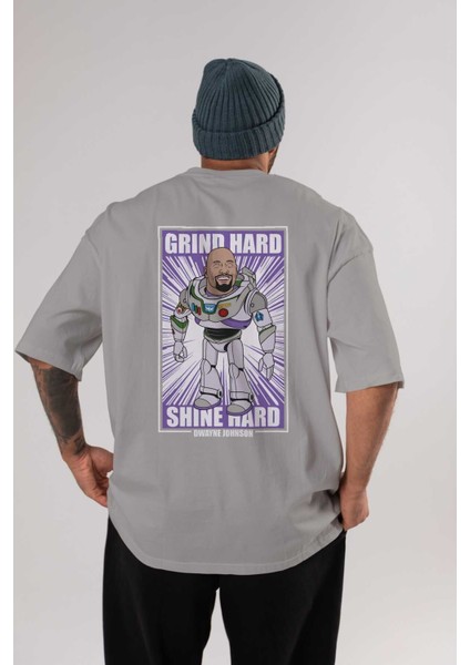 Dwayne Johnson Arka Baskılı Gri Oversize T-Shirt Unisex Erkek Kadın Bisiklet Yaka