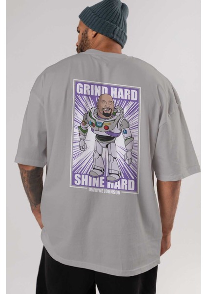 Dwayne Johnson Arka Baskılı Gri Oversize T-Shirt Unisex Erkek Kadın Bisiklet Yaka