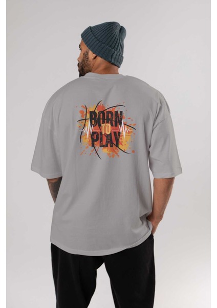 Born To Play Yazılı Arka Baskılı Gri Oversize T-Shirt Unisex Erkek Kadın Bisiklet Yaka fırsatları