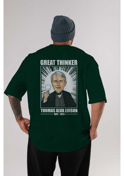 Thomas Alfa Edison Arka Baskılı Zümrüt Yeşili Oversize T-Shirt Erkek Kadın Bisiklet Yaka