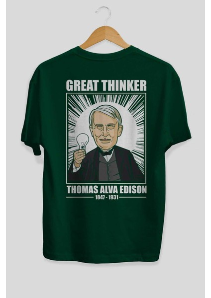 Thomas Alfa Edison Arka Baskılı Zümrüt Yeşili Oversize T-Shirt Erkek Kadın Bisiklet Yaka fiyatları