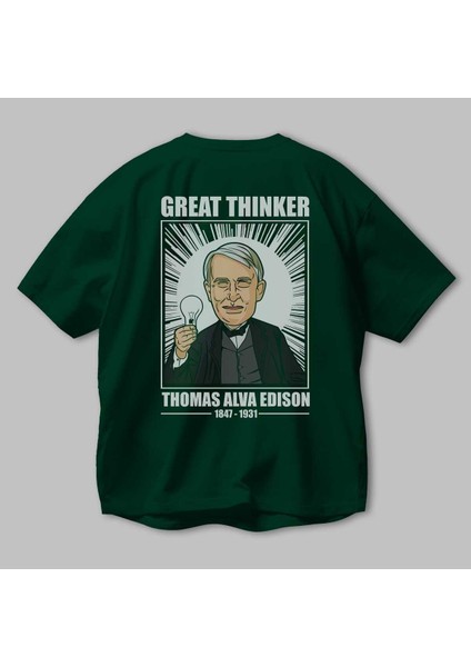 Thomas Alfa Edison Arka Baskılı Zümrüt Yeşili Oversize T-Shirt Erkek Kadın Bisiklet Yaka modelleri
